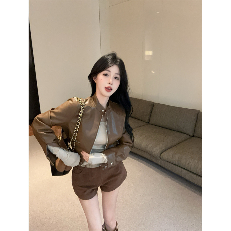 秋季新款甜酷辣妹百搭短款机车服夹克高腰皮衣外套女上衣|undefined