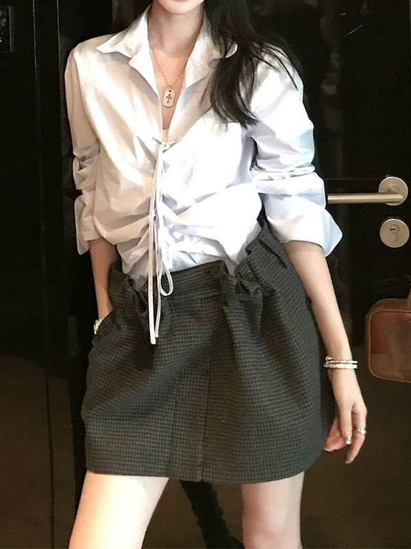 槿一翻领系带衬衫女秋季新款设计感小众复古衬衣宽松长袖上衣气质|undefined