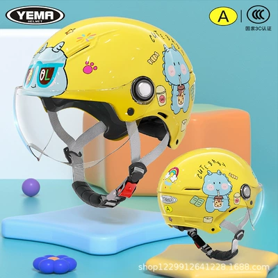 Motosiklet kaskı (dəbilqə) — Certified Mustang Kidsren's Helmet for - summer-style-lemon-yellow-dinosaur-transparent-short-lens