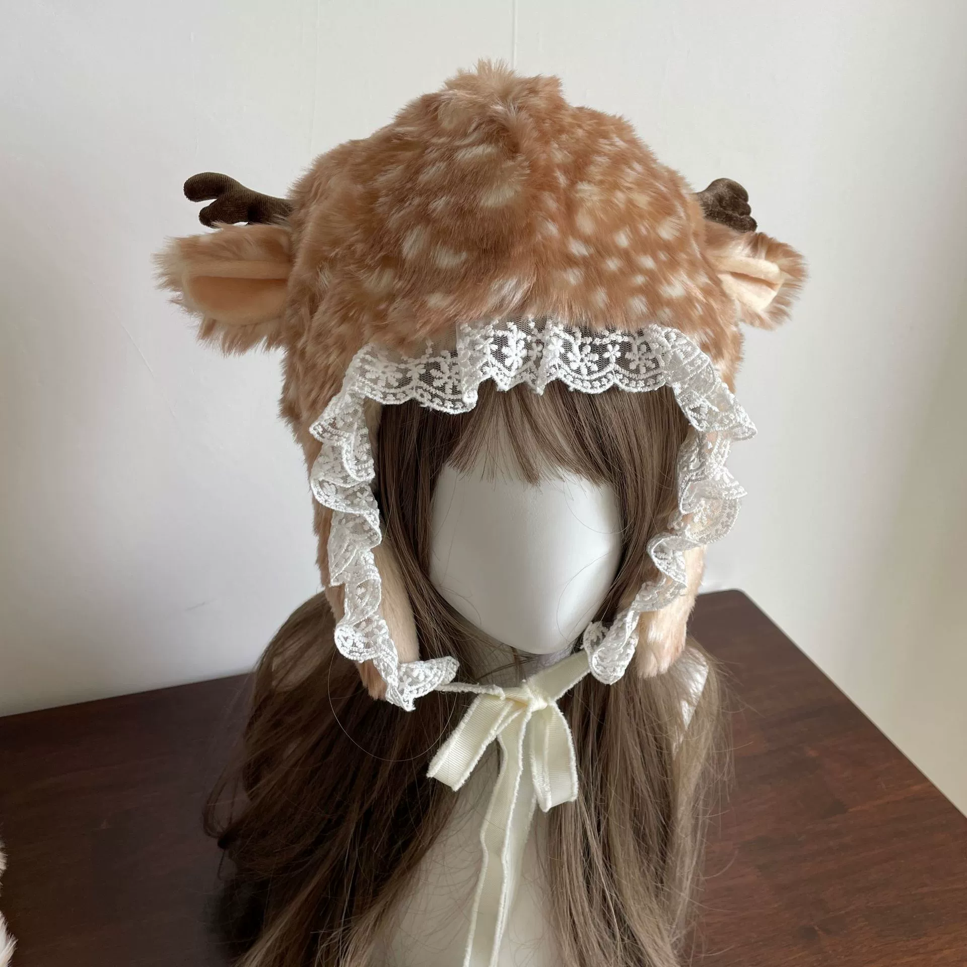 Plush Mori Hat (Mori) Deer Lace Bonnet, Thick Warm Faux-Fur, Cute Japanese Lolita Style