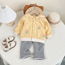 女寶寶薄棉兩件套小公主洋氣衣服6-12月外出服嬰幼兒春季花邊潮款