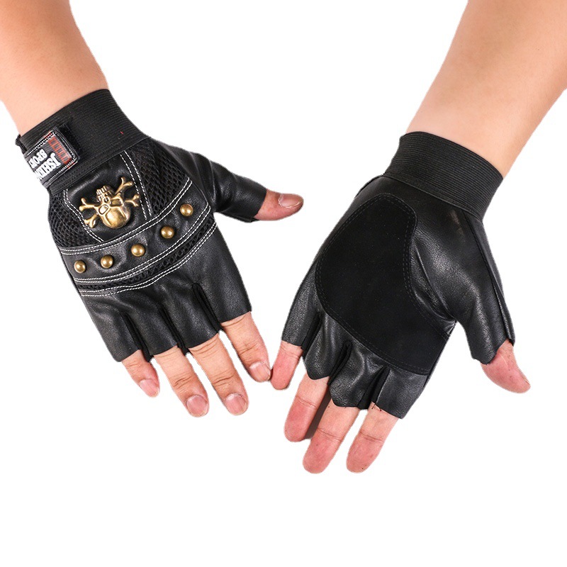 Nuevos hombres y mujeres guantes de medio dedo remache cráneo transpirable pu cuero al aire libre ciclismo deportes fitness dedo guantes de fuga