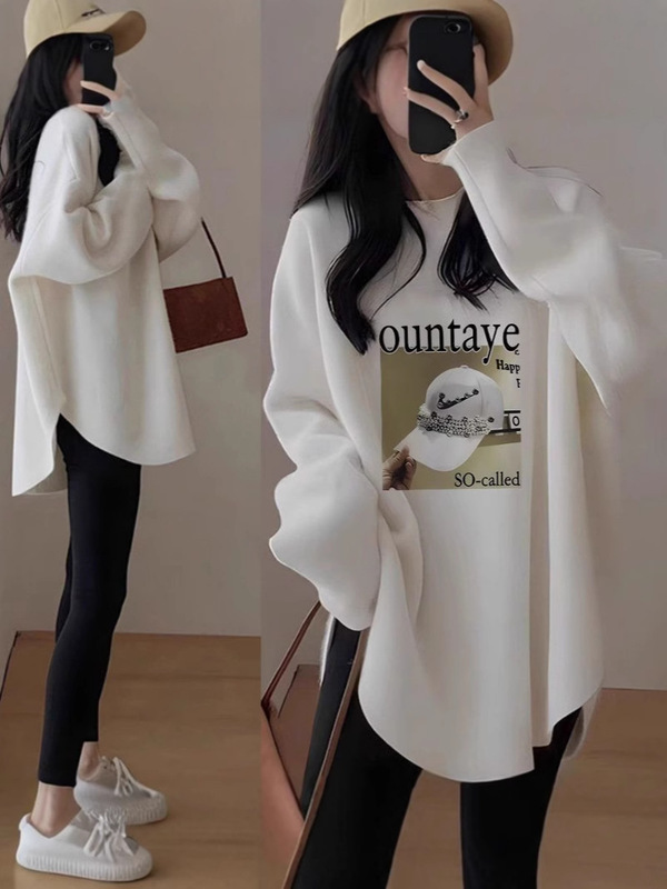 徳絨毛とベルベットの長袖tシャツの女性の中の長さはお尻の上着を隠して厚いタイプの底のシャツの秋冬2025をプラスします。|undefined