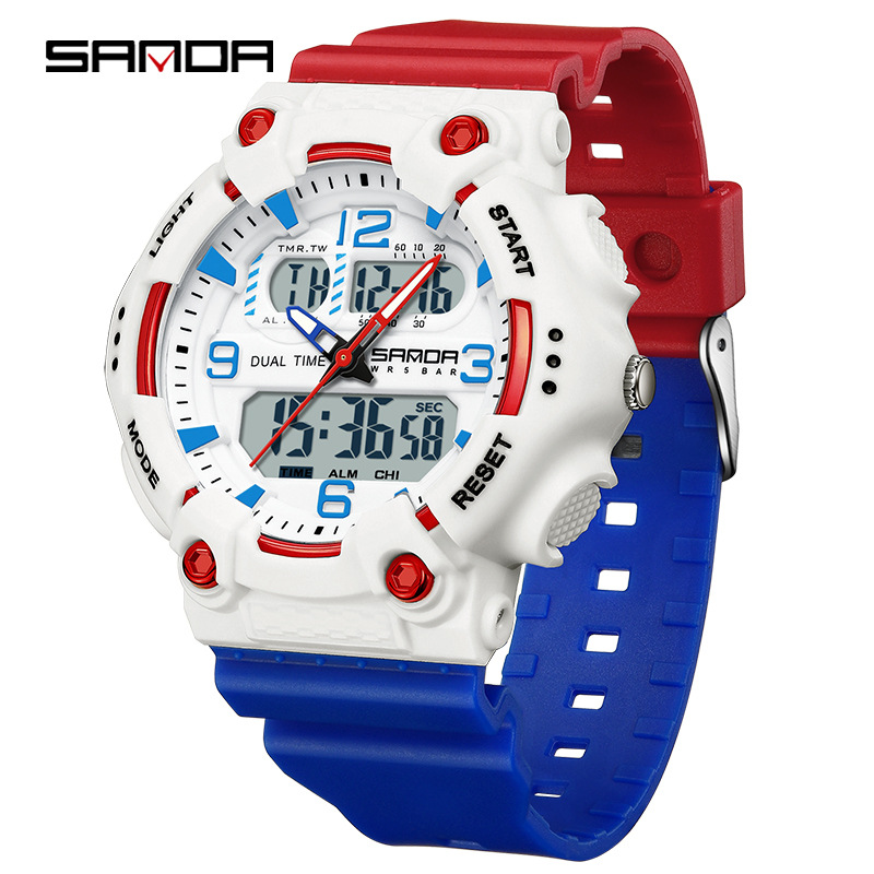 SANDA reloj juvenil de moda color contraste doble pantalla reloj multifuncional para hombres y mujeres estudiantes reloj electrónico de luz nocturna