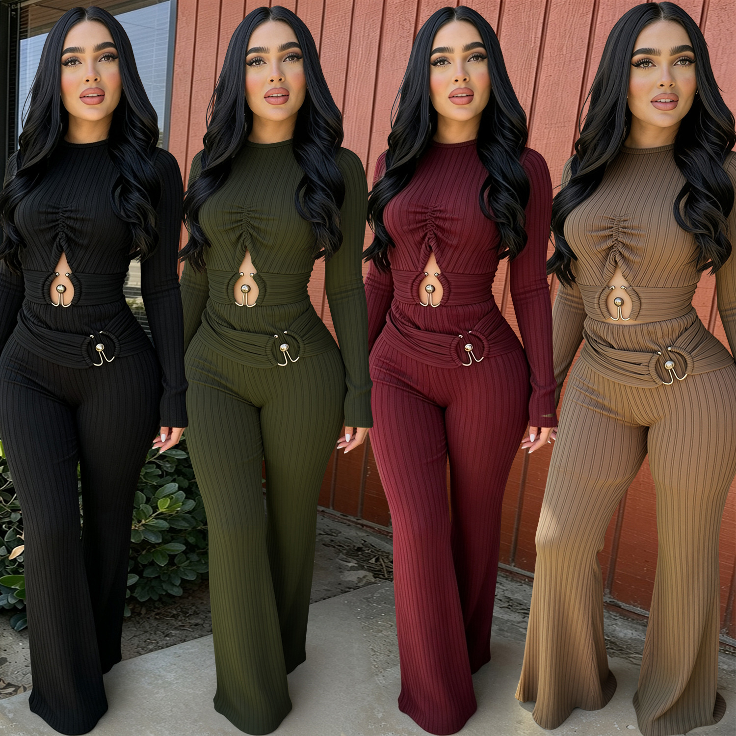 C7806 Cross-border 2026 New Women's Ribbed Hollow Long Sleeve High Waist Flared Wide Leg Casual Commuting Jumpsuit