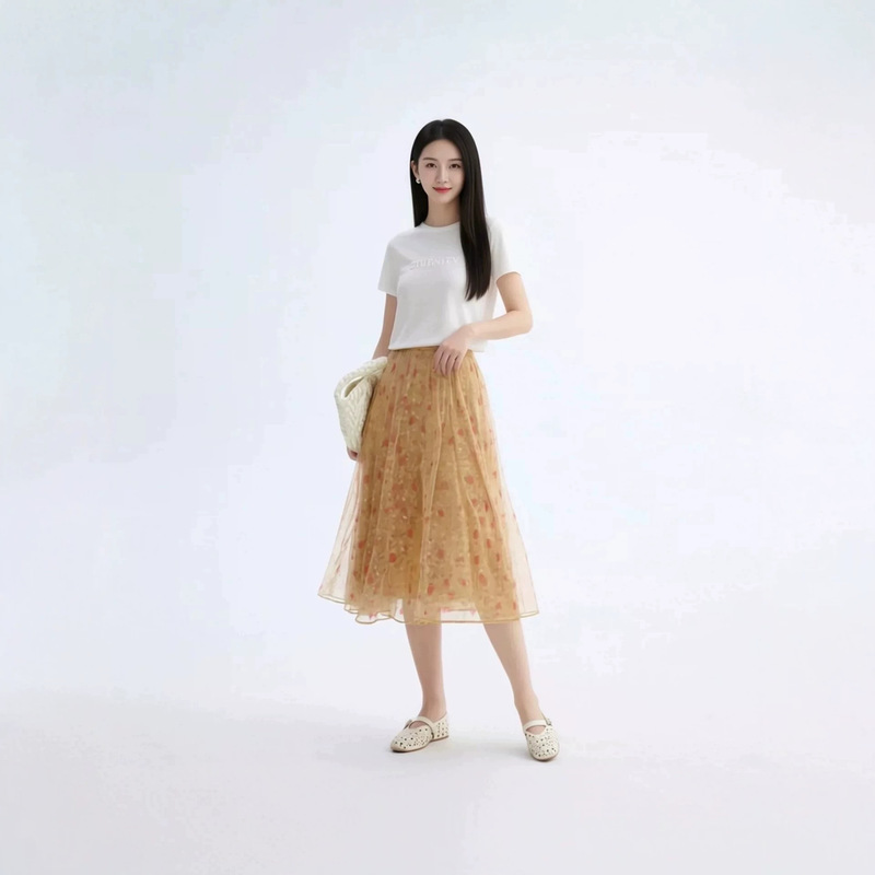 Langjiayun soft gauze floral flared skirt, 2026 summer new high-waisted mid-length elegant commuter skirt Langjiayun soft gauze floral flared skirt, 2026 summer new high-waisted mid-length elegant commuter skirt