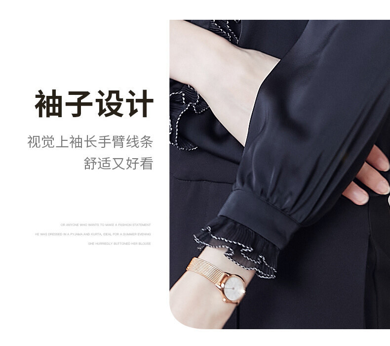 Satin chiffon stand-up collar, black ear-trimmed shirt for women, long-sleeved 2022 new Spring and autumn style, lace pic 8