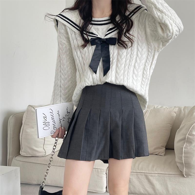 Korean-style Loose JK Sailor Suit Bow College Style Navy Collar Sweater Women's Autumn and Winter Loose Lazy Style Outer Wear Fashionable Korean-style Loose JK Sailor Suit Bow College Style Navy Collar Sweater Women's Autumn and Winter Loose Lazy Style Outer Wear Fashionable