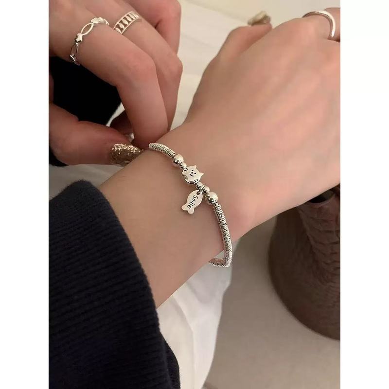 猫と魚のブレスレット女性用新しい中国風トレンディシンプルかわいいクリエイティブデザインシルバーリングブレスレットニッチ|undefined