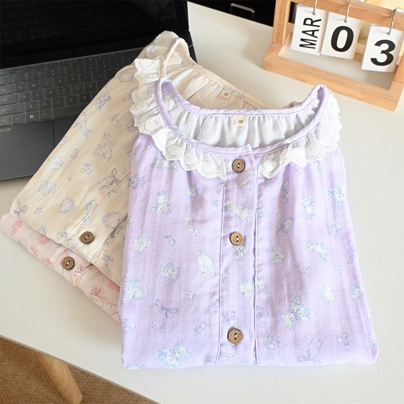 Summer Cotton Short-sleeved Shorts Double-layer Yarn Crewneck Lic Collar Women's Pajamas Home Wear Soft and Sweet Outer Wear