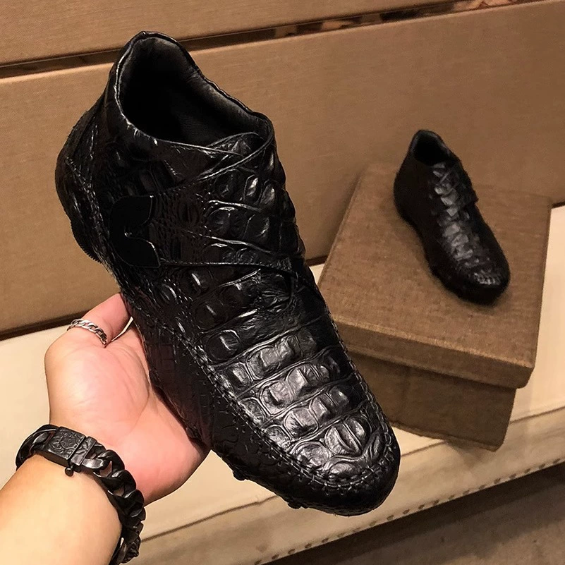 2023 новая зимняя повседневная кожаная обувь с высоким берцем и крокодиловым узором, Мужская Нескользящая утолщенная теплая хлопковая обувь на липучке с флисовой подкладкой