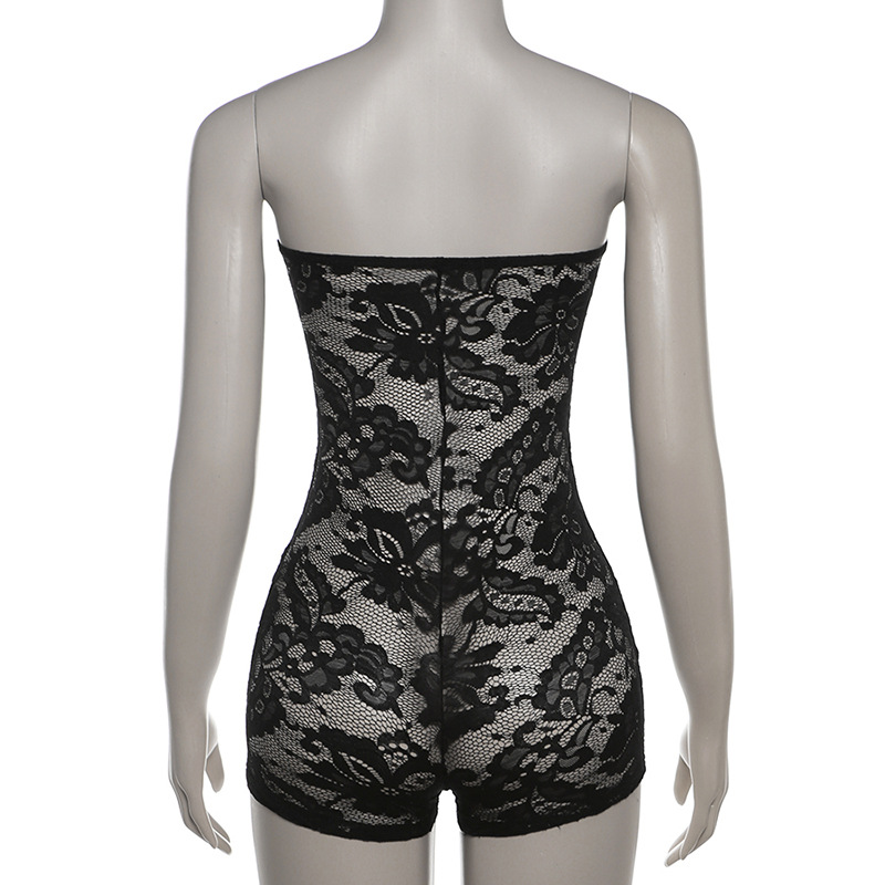 Women Spring Clothing Sexy See Through Lace Jacquard Tube Top Tight Jumpsuit