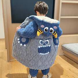 儿童睡衣男童男孩三层夹棉秋冬季2024新款加绒加厚款家居服珊瑚绒