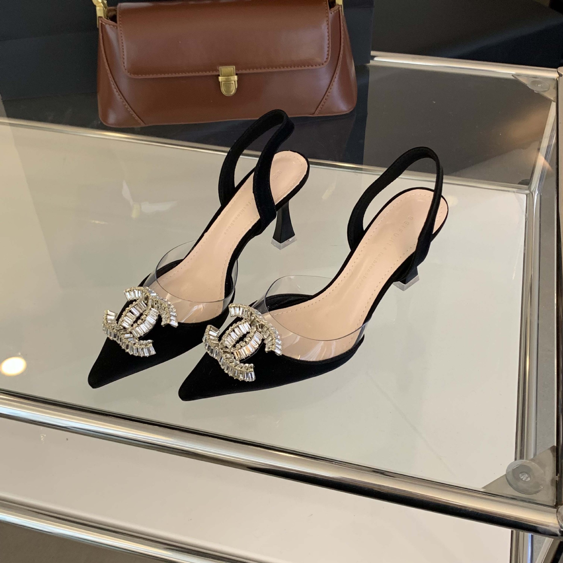 520-20 French style elegant Chanel style rhinestone pointed toe back empty shoes 2023 new all-match closed toe high heel single-layer shoes for women