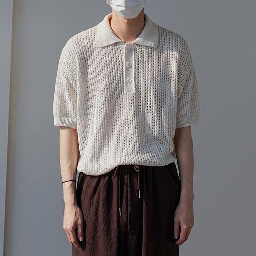 Hollowed-out knitted short-sleeved Polo shirt men's summer Korean loose all-matching retro solid color half-sleeve lapel T-shirt