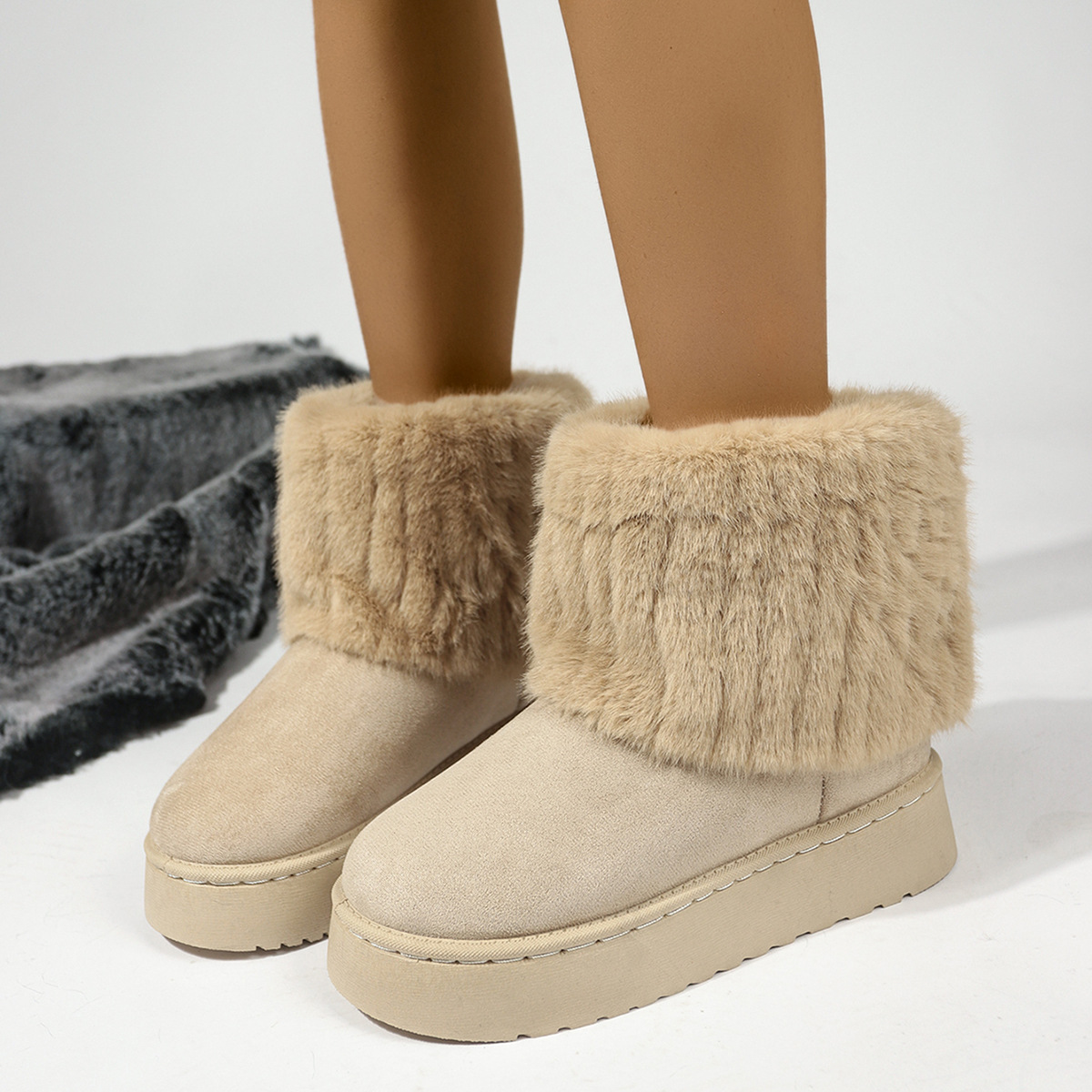 New thick bottom round head fur pants boots short Le network red casual all-match female snow boots_voghion.com
