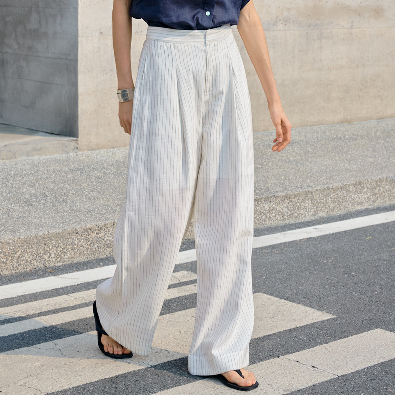 【Limited Time Offer】Lyocell Linen Wide-Leg Pants for Women, Autumn Commuter Cotton-Linen Vertical Striped Loose Straight Pants
