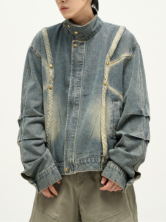 Americano retro costura Denim abrigo de primavera y otoño de los hombres de diseño suelto sentido nicho casual todo-Juego de ropa de trabajo chaqueta superior