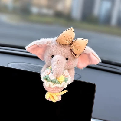 2026 New Cute Little Elephant Car Interior Dashboard Decoration with a High-End Feel, Car Seat Belt, Car Interior Accessories (Car ornaments) - elephant-with-bow-and-flowers