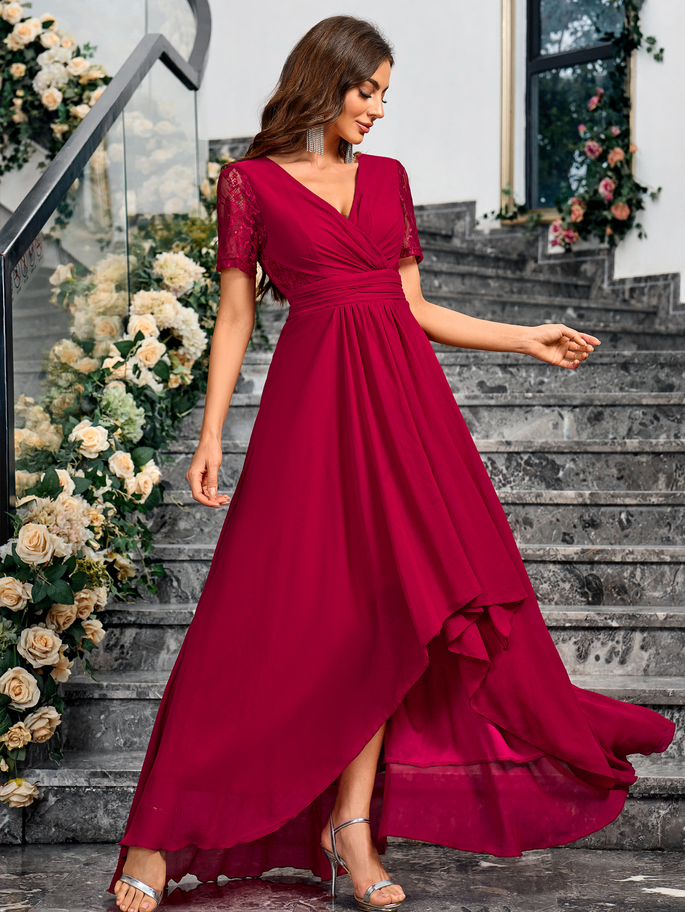 Nuevo estilo de comercio exterior europeo y americano burdeos vestido de novia temperamento elegante vestido de mujer vestido de noche transfronterizo