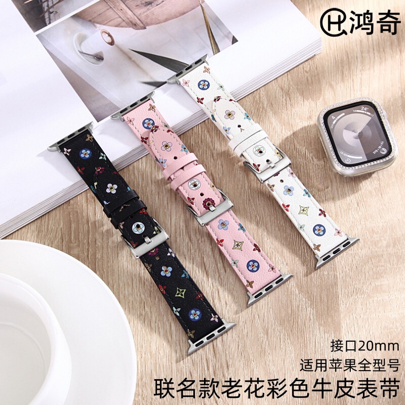 Original New Model Suitable for Apple Iwatch10 Fashion Replica Leather Strap Lv Travel Four-Leaf Flower S19 Wristband
