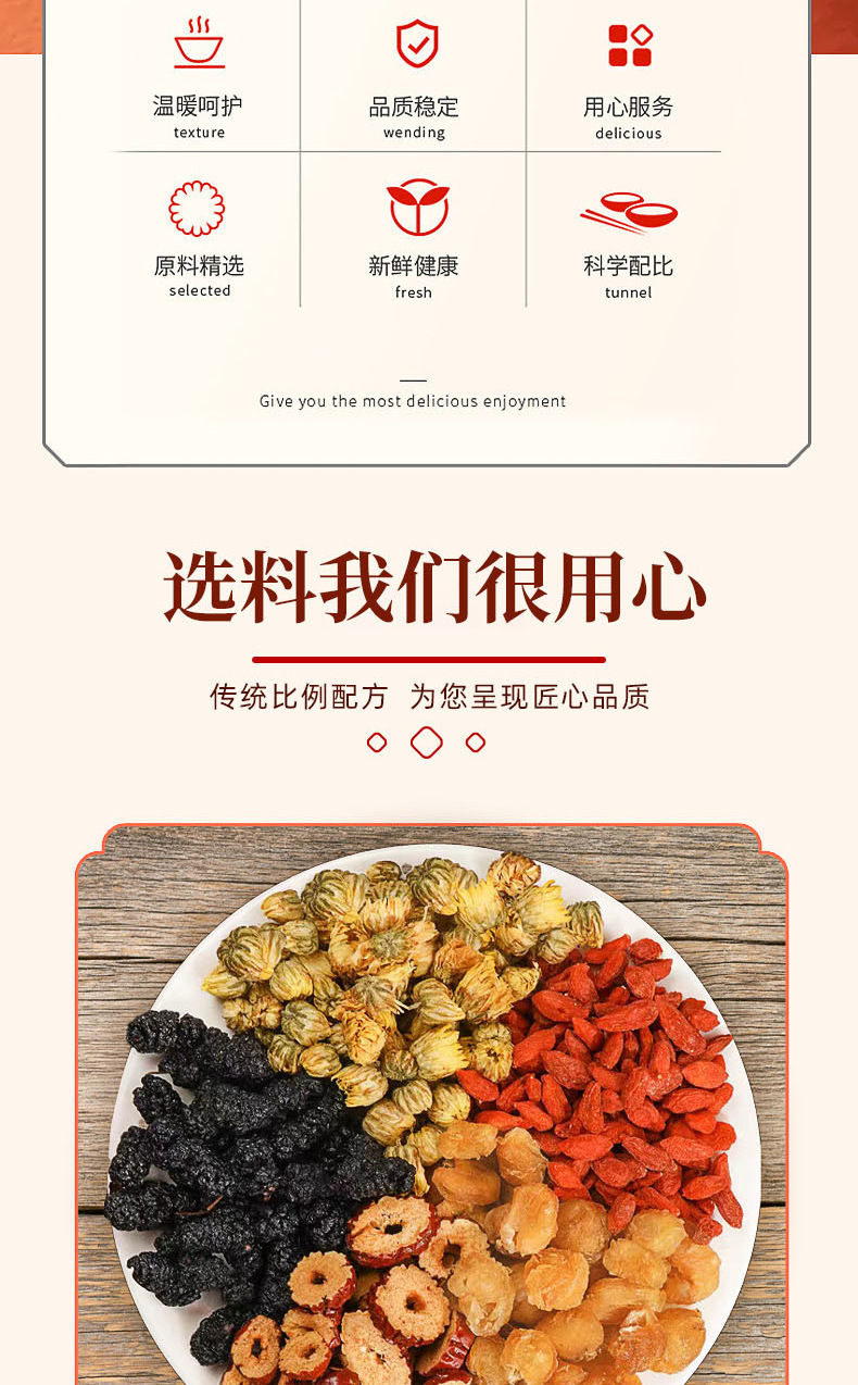 Mulberry Goji Longan Herbal Tea Bag Blend 15 Bags 120g Traditional Wellness Tea quality and texture