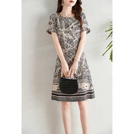 外贸法式复古风巴黎地图印花连衣裙女夏季2025新款收腰显瘦气质a