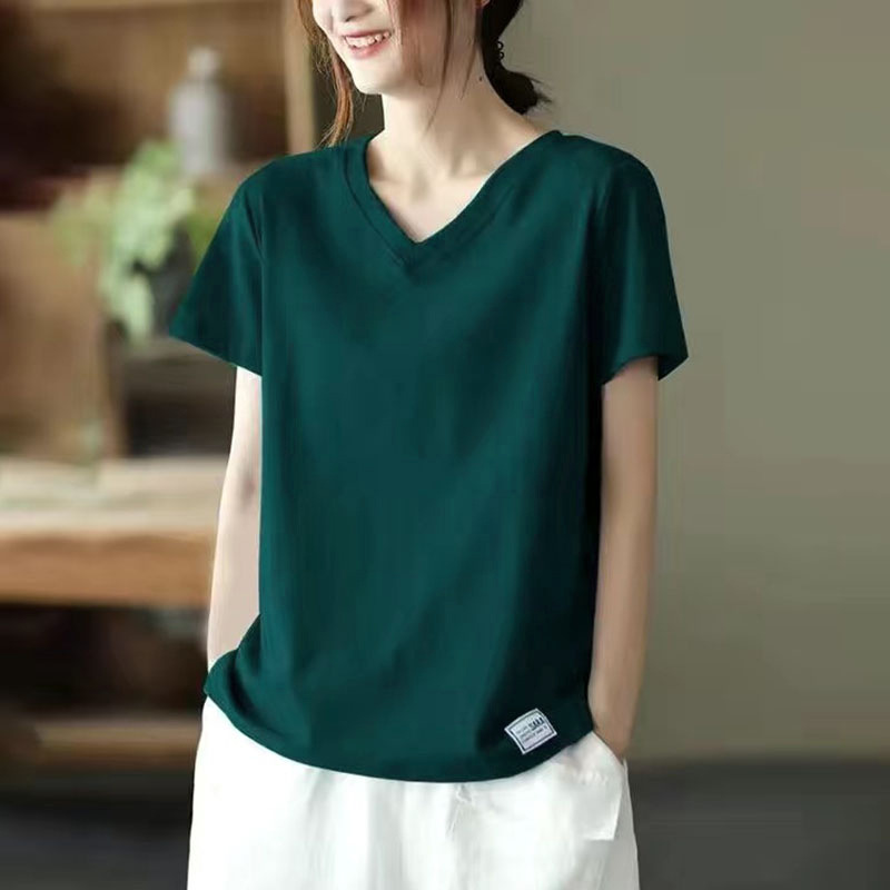 This year's popular belly-covering shirt loose short sleeve 2024 Summer new all-match V-neck design sense labeling T-shirt for women