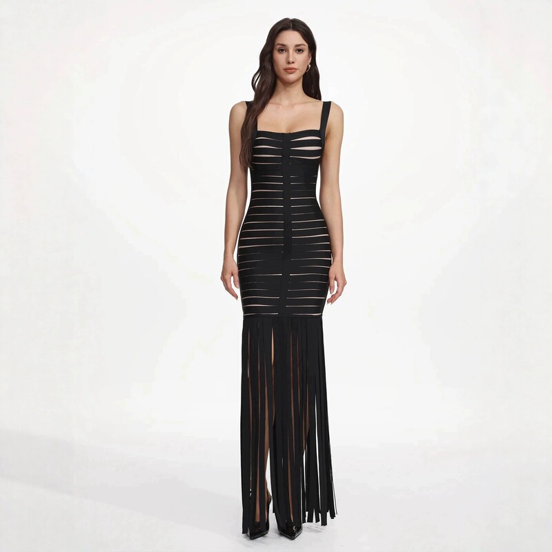 Slim-Fit Waist-Cinching Tassel Long Dress European and American Style Homecoming Club Party Square Neck Halter Dress for Banquets