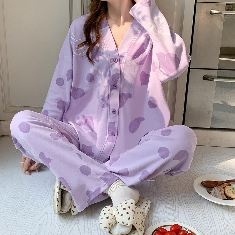 2025年新款家居服少女风开衫长袖长裤套装甜美可爱印花春秋季睡衣|undefined