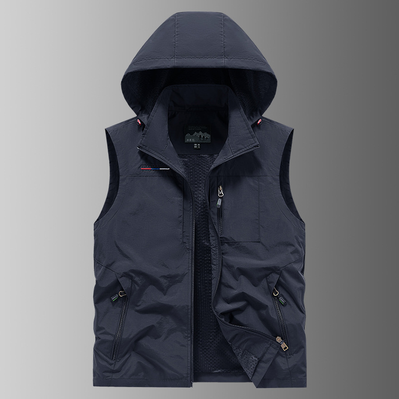 Men's Spring and Summer Thin Hooded Vest with Detachable Hood, Outdoor Hiking, Leisure, Photography, Fishing, Multi-Pocket Vest