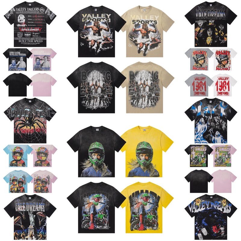 Cross-Border New American-Style Trendy Brand Valley Retro Printed Washed Vintage Double Yarn Pure Cotton Short-Sleeve T-Shirt Loose Fit Cross-Border New American-Style Trendy Brand Valley Retro Printed Washed Vintage Double Yarn Pure Cotton Short-Sleeve T-Shirt Loose Fit
