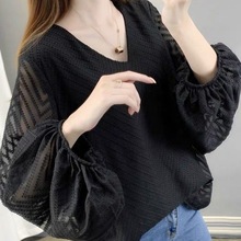 韩版春秋新款小衫高端雪纺上衣大码女装洋气欧洲站显瘦遮肚子