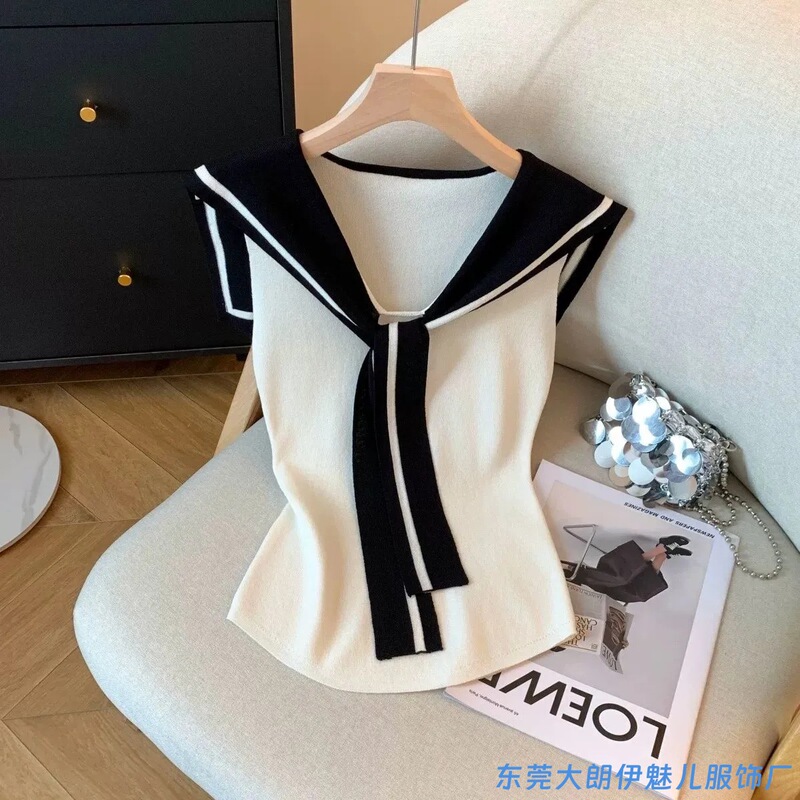 Contrast Color Navy Collar Knit Sweater Sleeveless Top for Women, Summer Commuting and Dating, Slim Fit Faux Two-Piece Shawl Vest Top