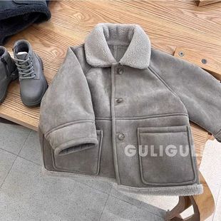 Children's Wear Men's Children's Wear 2024 Winter Coat Cool Handsome Fashionable Thickened Plush One-Piece Handsome Children's Biker Clothes Trendy