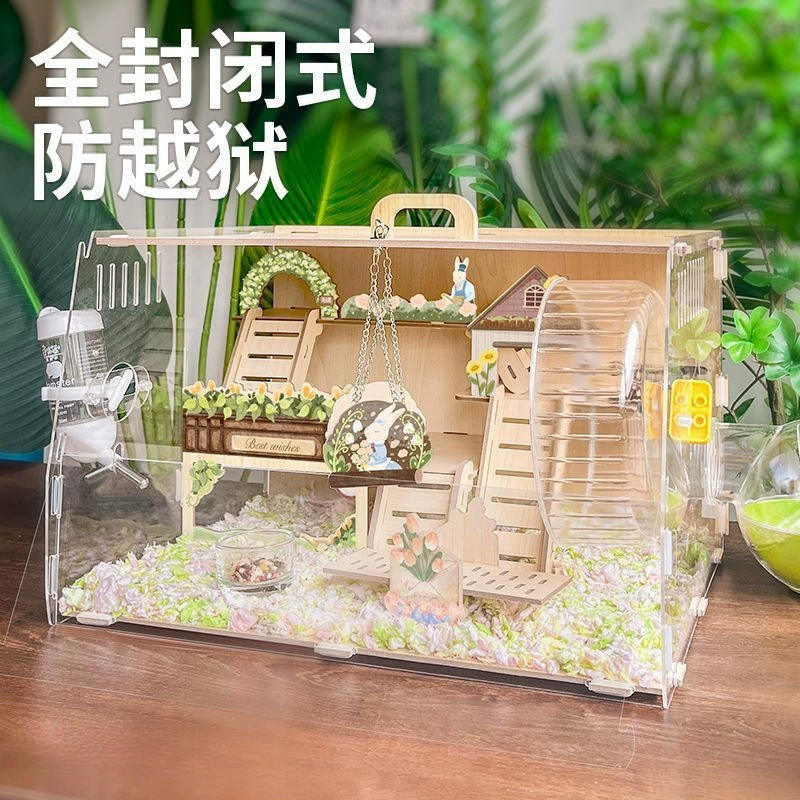 Двухслойная клетка для хомяка с цветочным узором, роскошное акриловое золотое гнездо для медведя, специальный маленький домик, вилла для хомяка, принадлежности