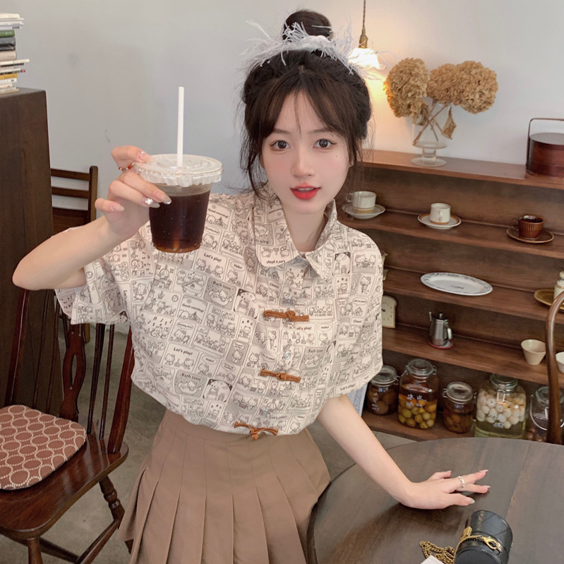 Chinese-Style Buttoned Niche Design Kt Cat Print Shirt for Women, 2026 Summer New Cute Soft Girl Short-Sleeve Top