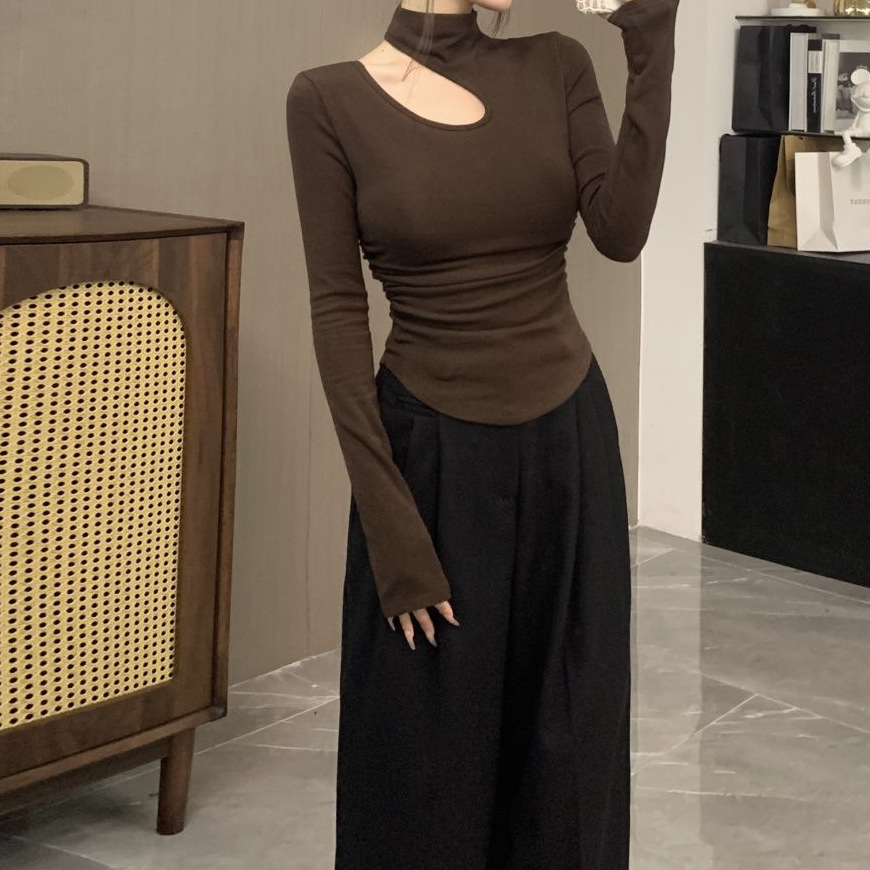 Autumn and Winter New Style Spicy Girl Fleece-Lined Discreet Design Cut Out Half Turtleneck Long-Sleeved Shirt Slimming Look Bottoming Top