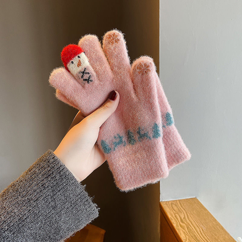 女性用ウール手袋、冬のかわいい雪だるまニット、タッチスクリーン、厚くて暖かい、サイクリング、5本指、冬用防寒綿|undefined