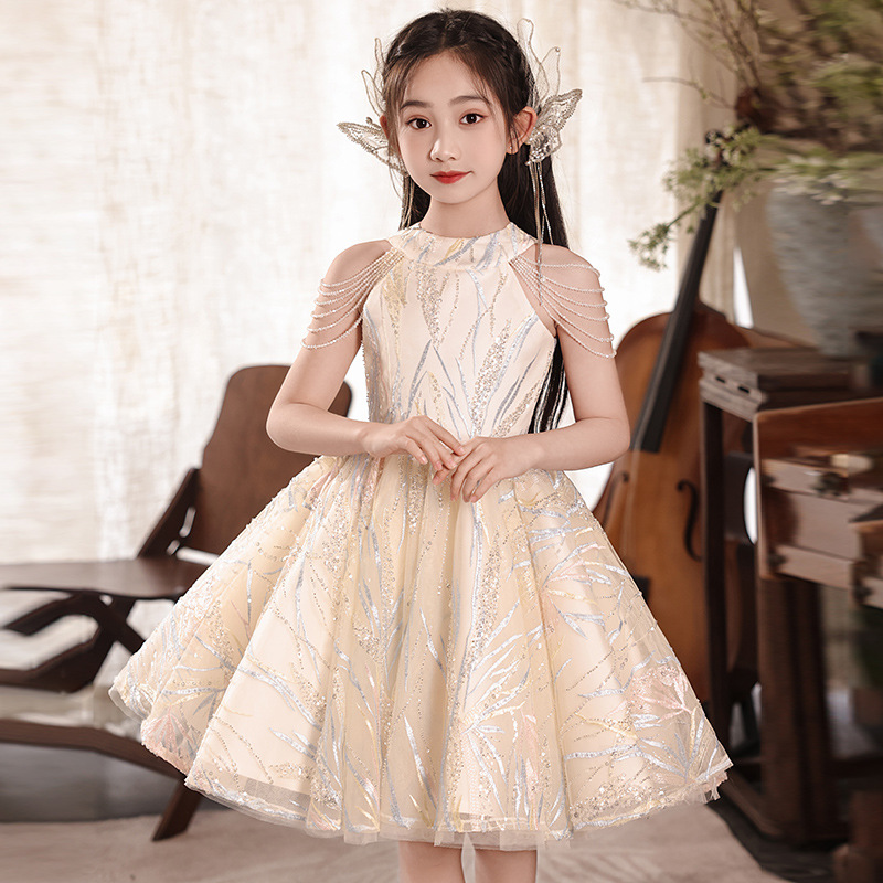 Vestido infantil de niña vestido de princesa de cumpleaños vestido de nicho de lujo ligero anfitrión de niños piano rosa