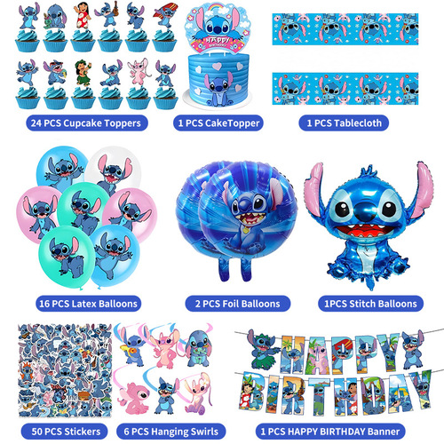 Interstellar Studios Stitch Theme Birthday Party Kit Latex Balloons Banner Bunting Cake Topper Kit