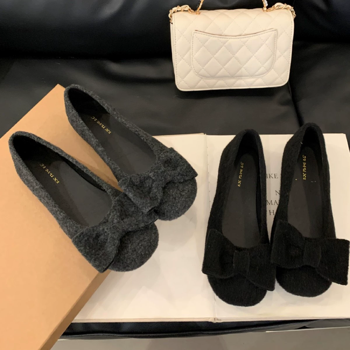 Французская плоская шерстяная серая одиночная обувь женская обувь 2025 весна и осень бант ретро фея пригородной вечерней обуви