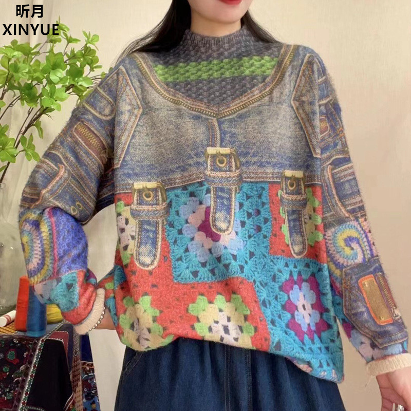 Xinyue Mink Fleece Sweater Women's 2025 Autumn/Winter New Knitted Half-High Neck Loose 3D Pattern Pullover Top