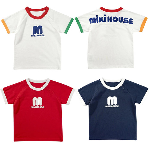miki children's clothing summer new solid color big M letter simple color matching short-sleeved T-shirt for boys and girls on behalf of