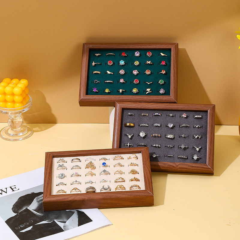 Photo Frame Jewelry Tray with 30 Slots for Rings and Earrings, Walnut Color Velvet Jewelry Display Tray, Jewelry Display Props