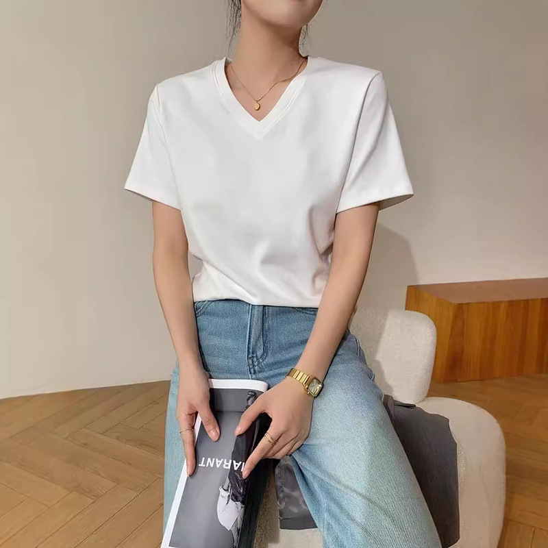 230g Women's V-Neck Slimming T-Shirt, White Summer Base Layer Short-Sleeve Pure Cotton Versatile Top, Short Slim-Fit Short-Sleeve 230g Women's V-Neck Slimming T-Shirt, White Summer Base Layer Short-Sleeve Pure Cotton Versatile Top, Short Slim-Fit Short-Sleeve