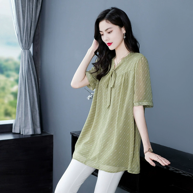 Летняя тонкая элегантная шифоновая рубашка больших размеров с короткими рукавами и бантом, топ с принтом, женская одежда для мам среднего и пожилого возраста