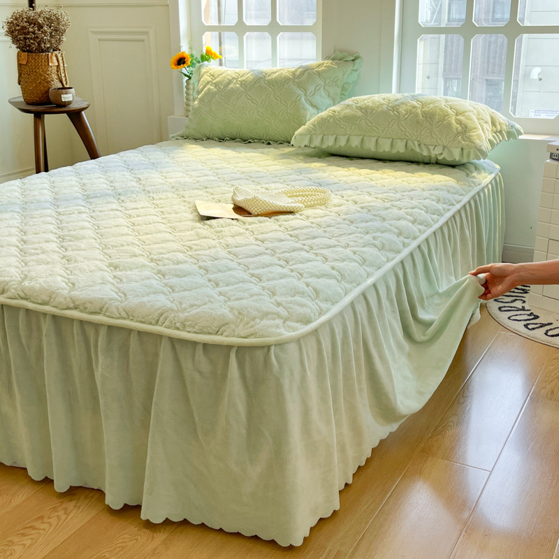 2024 nueva ropa de cama acolchada de lana de conejo estilo falda de cama