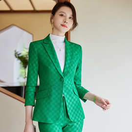 2023年秋冬季新款绿色职业休闲小西装领外套女裤子高级感两件套装