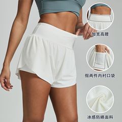 欧米のクロスボーダーの涼しさの速乾のランニングのショートパンツの女性の夏の薄いタイプの偽の2つの防走光のヨガのフィットネスパンツ